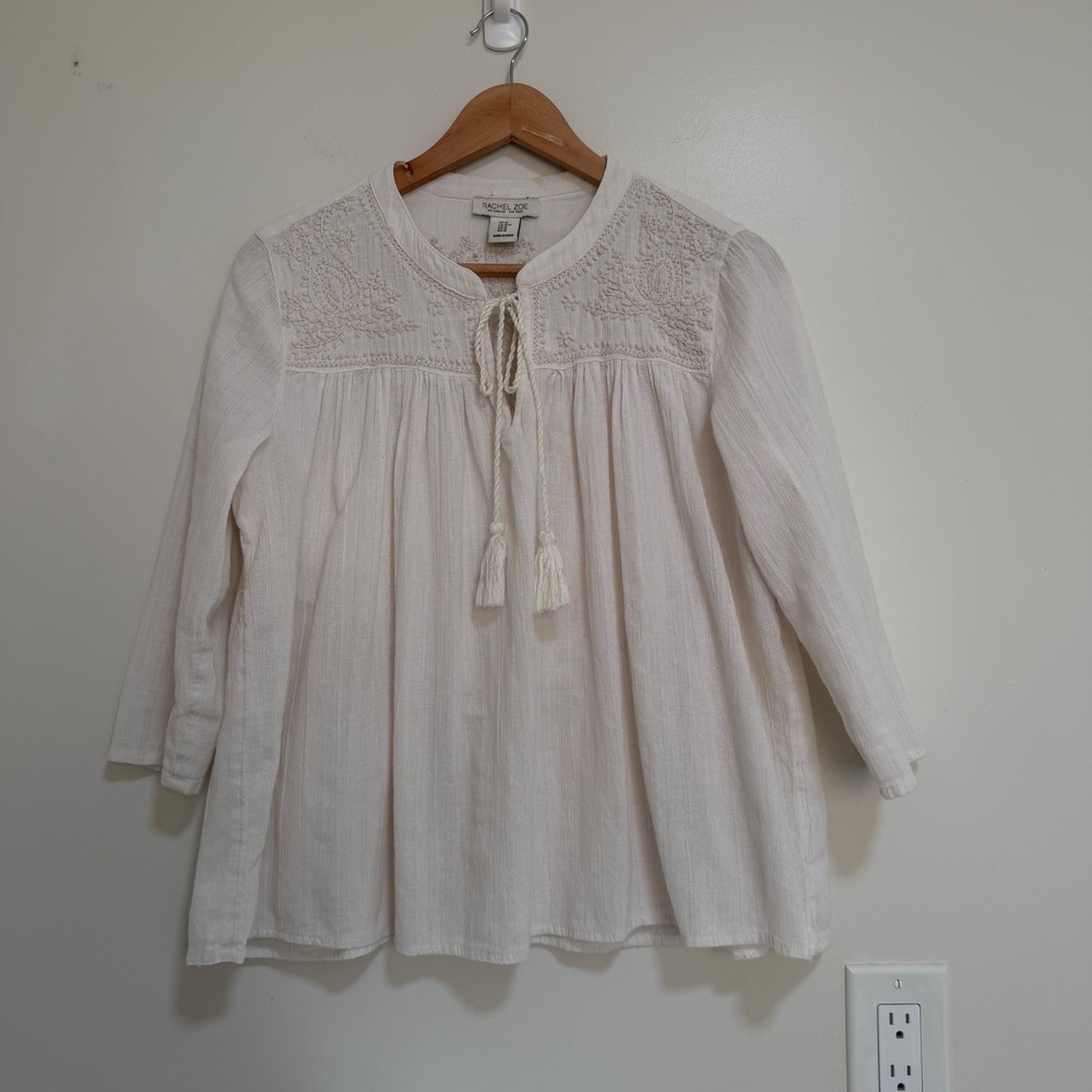 Rachel Zoe Embroidered Peasant Blouse Womens Size M White Boho Tassel Top